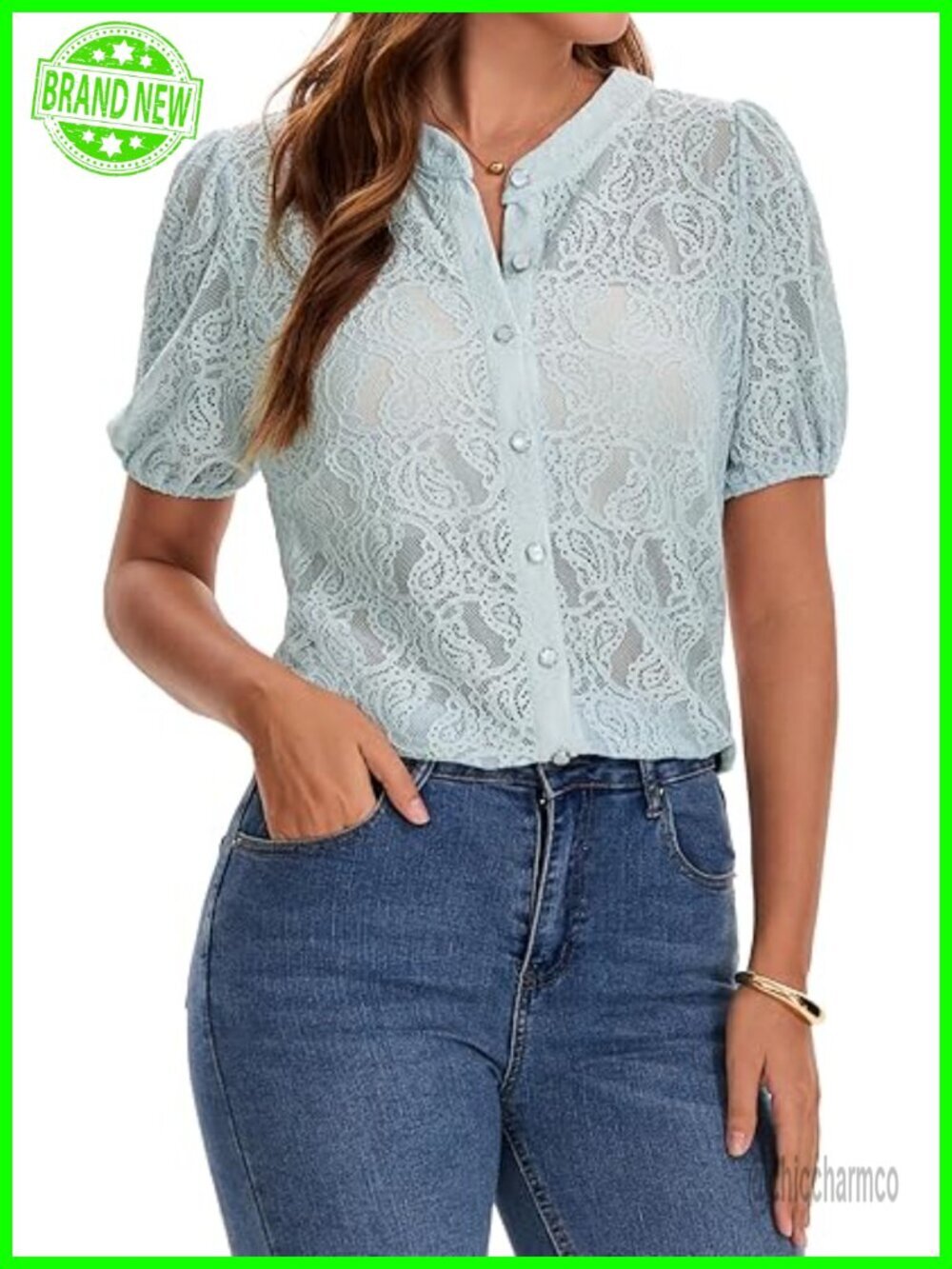 Lace Embroidered Eyelet Blouse Short Puff Sleeve Button Down